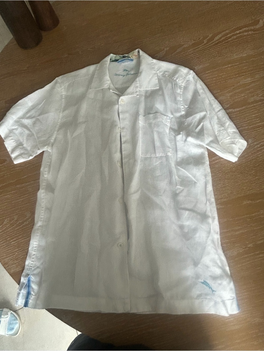 Tommy Bahama White Short Sleeve Shirt with Mint Logo and Floral Trim